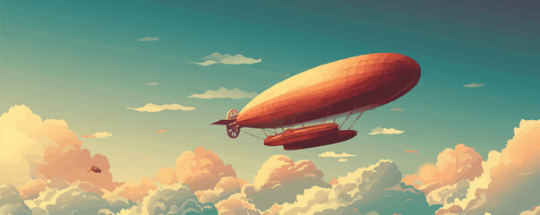 Fototapeta premium Steampunk dirigible floating in a cloudy sky Vector flat minimalistic isolated illustration