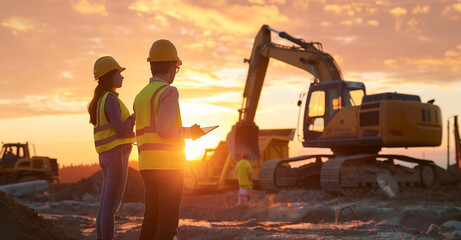 Construction Site at Sunset with Engineers and Heavy Machinery
