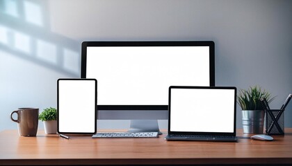 Fototapeta premium Computer, Laptop, Tablet, and Smartphone with Blank Screens on Wood Office Desk – Ideal for All Device Mockups
