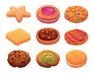 Cookies. Tasty delicious yami products different types of cookies exact vector crisp snack dessert products illustrations