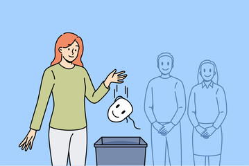 Woman takes care of own personality and throws mask that hides mood and emotions into bucket. Concept of importance of person personality and finding true self, which allows one to achieve sincerity