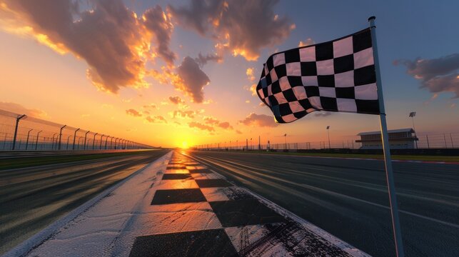 Checkered Flag at Sunset on a Race Track