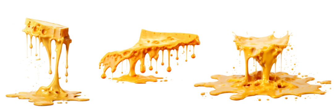 Collection set A splash of cheese with dripping and melting sauce, isolated on transparent background.