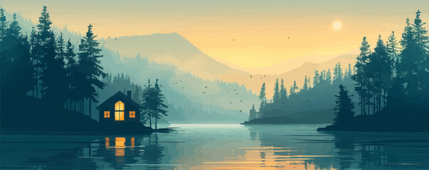 Peaceful lakeside cabin surrounded by trees Vector flat minimalistic isolated illustration