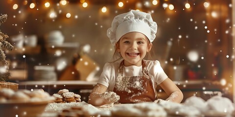 In a warm and inviting kitchen, a young chef joyfully prepares Christmas cookies, spreading holiday cheer and creating delicious treats for the season with family joy and winter warmth