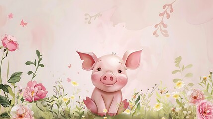 Adorable Piglet in a Floral Paradise