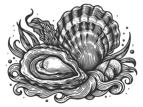 recommend clip art: seashells surrounded by seaweed, showcasing oceanic and marine life elements sketch engraving generative ai fictional character raster illustration. Scratch board imitation. Black and white image.