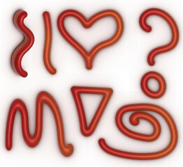 A set of various volumetric red figures drawn by hand on a isolated background, 3D rendering illustration