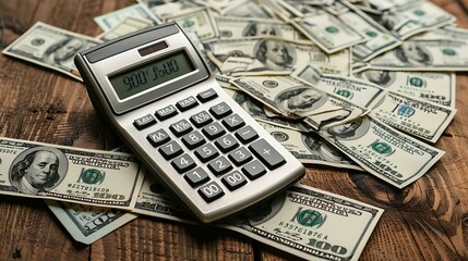 Numerous hundred-dollar bills arranged haphazardly around a calculator on a wooden tabletop, symbolizing financial planning and monetary calculations in a professional setting