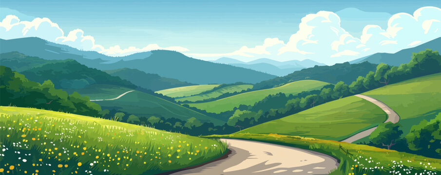 A peaceful countryside scene with rolling hills and a winding country road. Vector flat minimalistic isolated illustration.