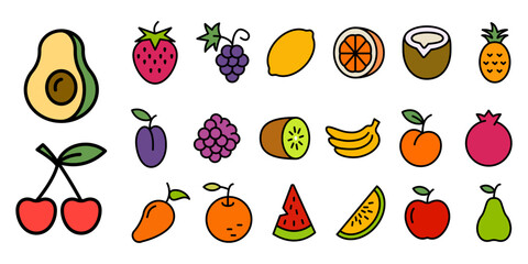 Obraz premium Fruit icon set. Flat outline style fruit set. Vector illustration.