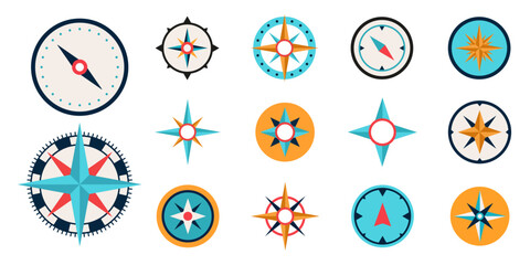 Compass icons set. Vector illustration. Flat style.