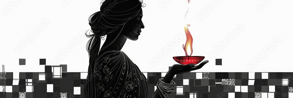 Sticker Woman Holding a Flame in a Diya - Symbol of Hope, Faith, and Light - A woman in silhouette holds a diya, a traditional oil lamp, with a bright flame symbolizing hope, faith, spiritual enlightenment, a