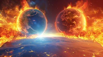Obraz premium Twin Earths engulfed in Flames