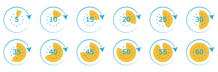 Fototapeta premium Timer and stopwatch icons vector set. Cooking time symbols and labels. Kitchen timer icon with different minutes.