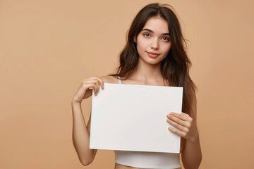 Fototapeta premium Portrait of happy woman with white blank signboard