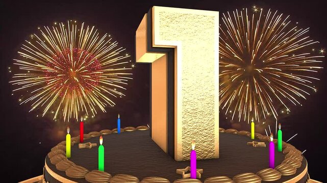 96th birthday chocolate cake animation 3d render in chocolate gold with confetti and balloon background. 4k