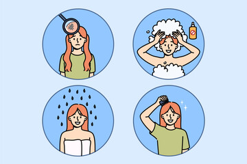 Girl with lice in hair uses medicated shampoo while showering to get rid of parasites. Step-by-step plan for getting rid of lice, child quickly cured of pediculosis with help of pharmacological agent
