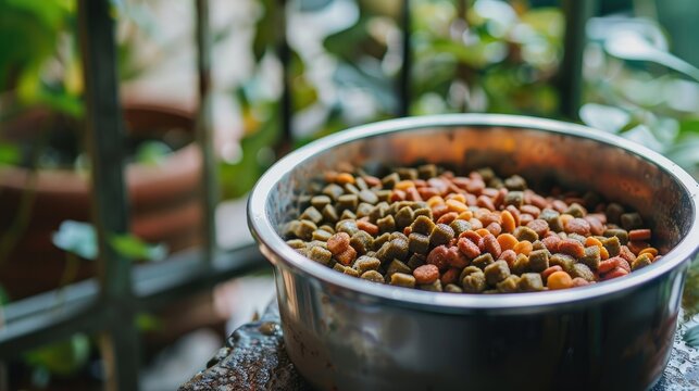 Canned pet food in bowl with dry kibbles
