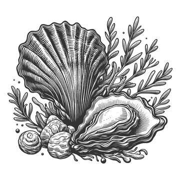 recommend clip art: seashells surrounded by seaweed, showcasing oceanic and marine life elements sketch engraving generative ai fictional character raster illustration. Scratch board imitation. Black and white image.