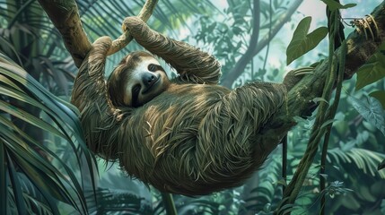 Naklejka premium Sleepy Sloth Hanging from Lush Tree Branch in Serene Tropical Jungle