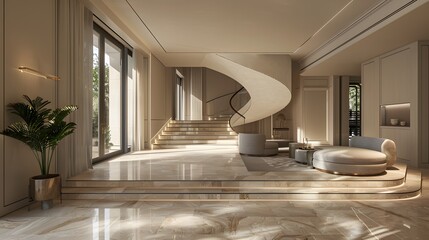Fototapeta premium A modern, elegantly designed interior featuring a spiral staircase, plush seating, and abundant natural light, creating a sophisticated ambiance for contemporary living. 