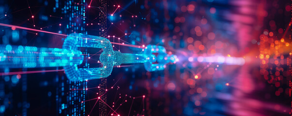 Three dimensional panoramic view of chain on dark background. Blockchain concept.