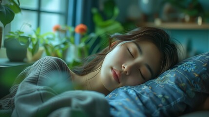 ソファーで寝ている日本人女性