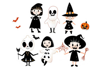 Vector set, children's Halloween characters, witches and ghosts, spooky pumpkins and bats. Isolated on white background. Halloween event concept.