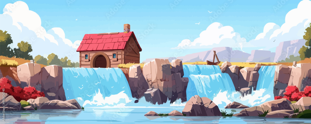 Wall mural Rustic wooden watermill by a stream Vector flat minimalistic isolated illustration