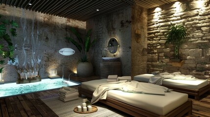 A spa room with a large pool and a wall of stone