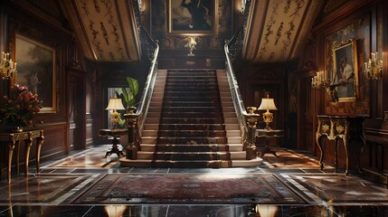 A grand, opulent staircase in a luxurious foyer adorned with rich wood paneling, elegant lighting, and classic artwork creates an inviting ambiance. 