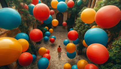 Vista Cinem&aacute;tica Realista de Cima do Boulevard com Incont&aacute;veis Bolas Gigantes Coloridas Flutuantes IA