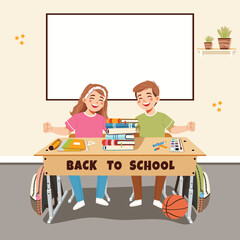 Happy children sitting at desk in classroom with white magnetic board behind. Back to school concept. Vector illustration in flat cartoon style
