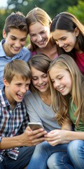 Fototapeta premium A group of teenagers communicate while holding smartphones.