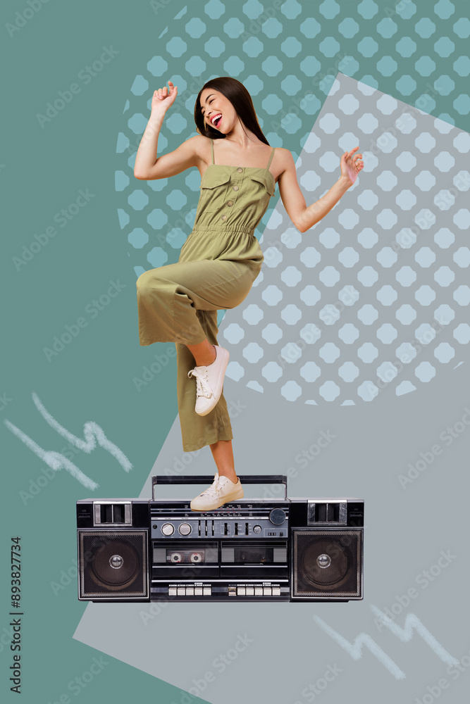 Wall mural Composite trend artwork sketch photo collage of blue workspace young beautiful lady funky dance moving music huge boombox record player