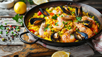 Traditional paella with seafood and saffron