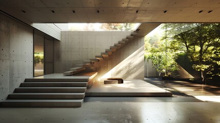 Fototapeta premium A modern interior space featuring a spiral staircase, natural light, and lush greenery creates a serene and inviting atmosphere. 
