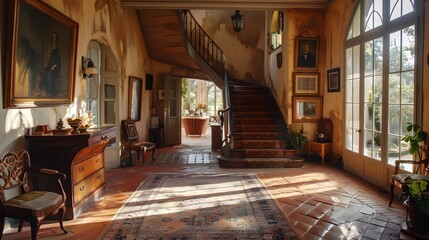 Fototapeta premium A beautifully lit vintage foyer featuring a grand staircase, elegant furniture, and classic artwork that exudes timeless charm. 