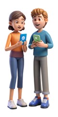 Fototapeta premium Two young people communicate while holding smartphones.