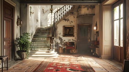Obraz premium A beautifully weathered hallway featuring an ornate staircase, vintage furniture, and soft natural light, evoking a sense of nostalgia and charm. 