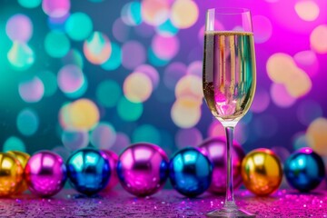 Sparkling Champagne Flute with Colorful Party Ornaments and Bokeh Background for Festive Celebrations