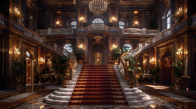 A grand and opulent interior of a luxurious mansion featuring a sweeping staircase, rich decor, and elegant chandeliers, capturing a sense of timeless elegance and sophistication. 