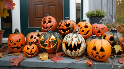 A collection of carved and decorated pumpkins on a front porch