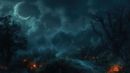 Fototapeta premium Ominous Halloween night with crescent moon above dark forest, path to mysterious glowing light. Crescent moon black background halloween
