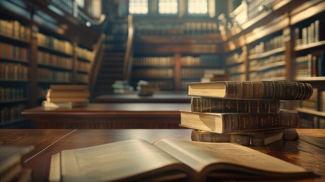 Book with opened pages and stacked books on reading desk in library. National library, books lovers day or month. Back to school or education learning background. Copy space.