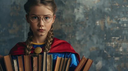 Cute teenage girl dressed as superhero with books on grey background. Library Lovers Day.