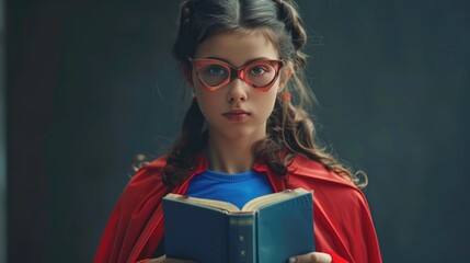 Cute teenage girl dressed as superhero with books on grey background. Library Lovers Day.