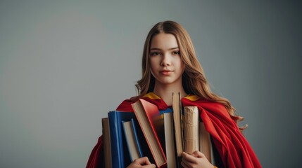 Cute teenage girl dressed as superhero with books on grey background. Library Lovers Day.