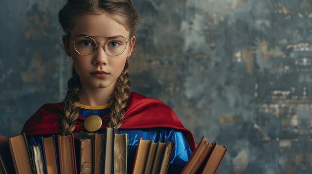 Cute teenage girl dressed as superhero with books on grey background. Library Lovers Day.